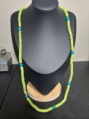CJ Banks VtG Handcrafted Lime Green Beaded Necklace Teal Accents Boho Shell